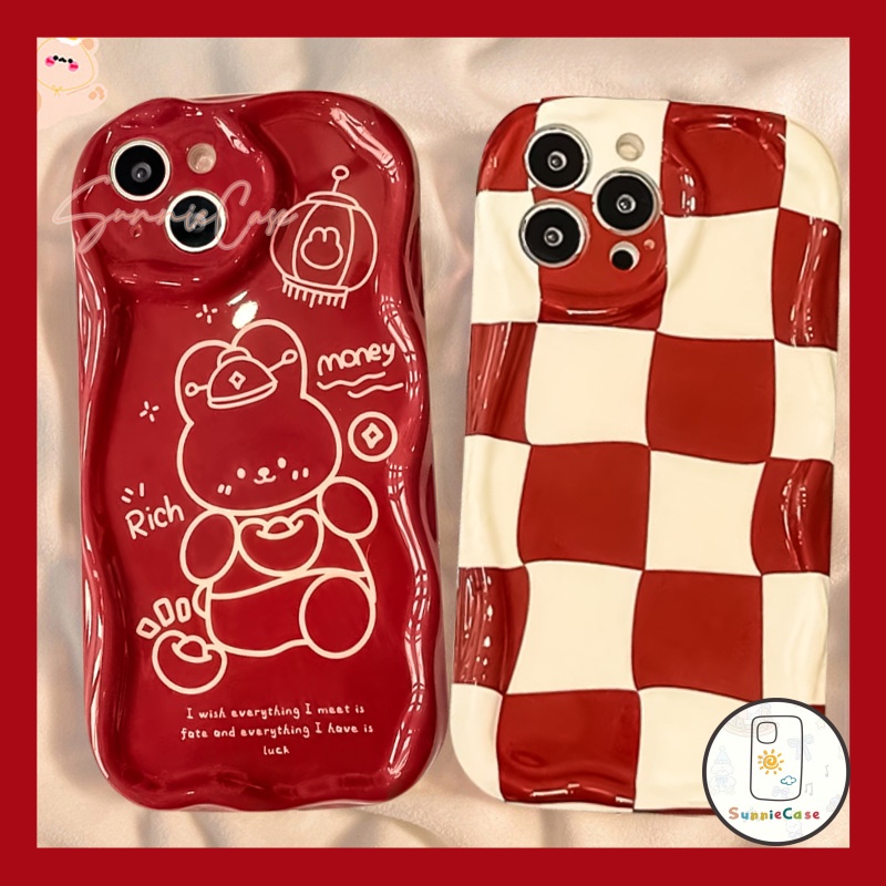 เคสโทรศัพท์มือถือ ขอบโค้ง ลายการ์ตูนกระต่าย สีแดงวาว สําหรับ iPhone 11 15 12 13 14 Pro Max 8 7 Plus X XR XS Max SE 2020