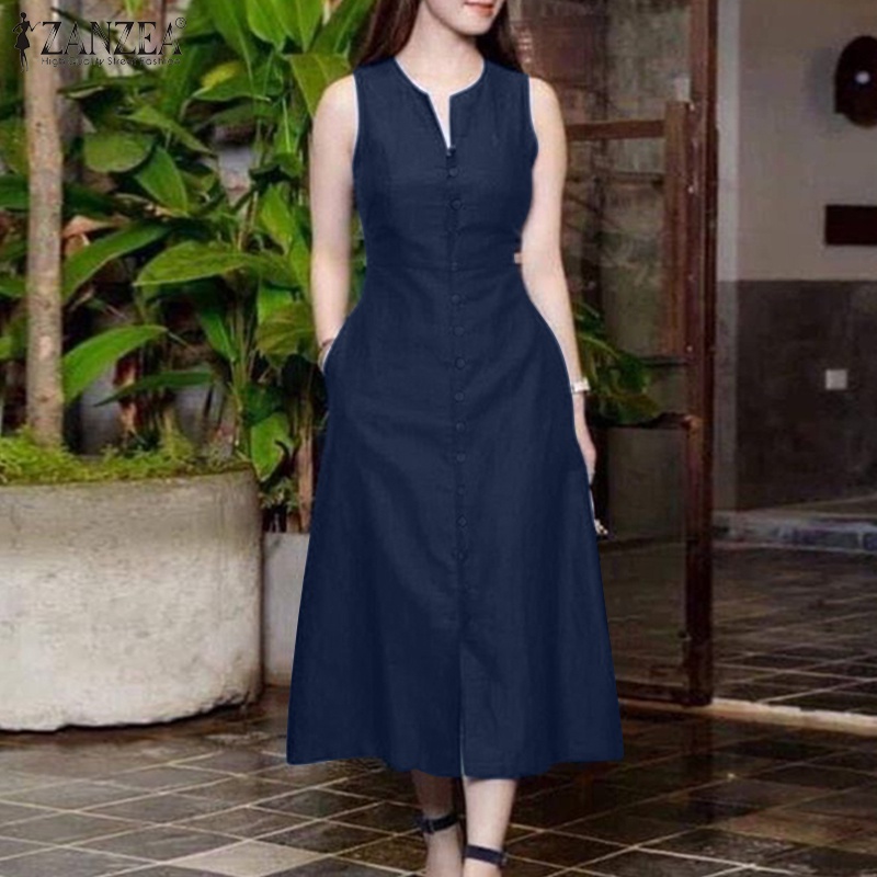 Zanzea ชุดเดรสแขนกุด คอวี แต่งกระดุม ผ่าข้าง มีกระเป๋าซิป สไตล์เกาหลี สําหรับผู้หญิง