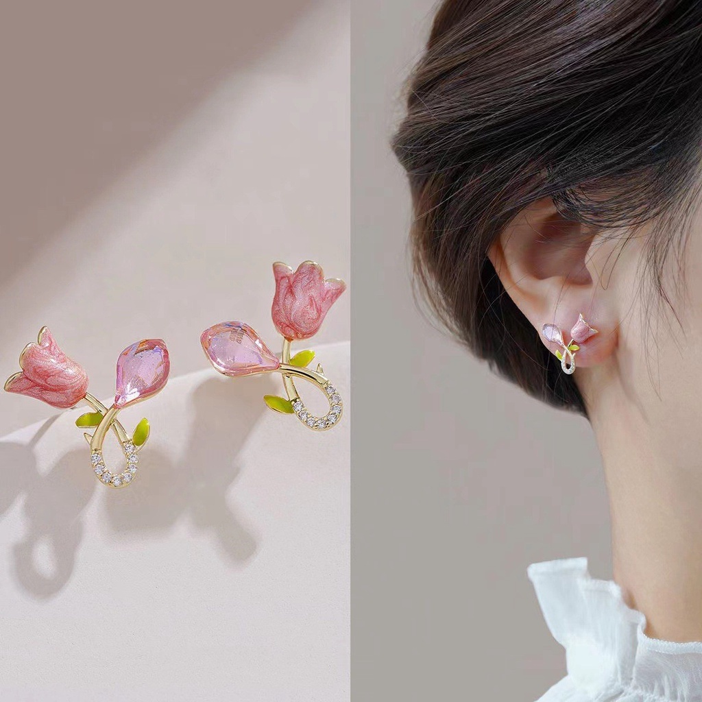 เครื่องประดับ ต่างหู รูปดอกทิวลิป เคลือบ สีชมพู สําหรับผู้หญิง