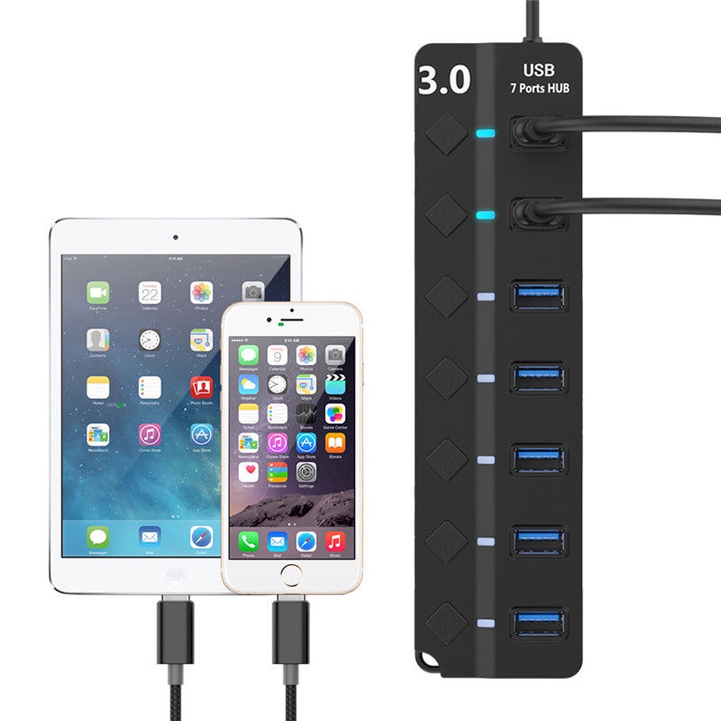 GOOJODOQ อะแดปเตอร์ฮับ USB 3.0 7 พอร์ต USB 3.0 หลายพอร์ต แบบพกพา พร้อมสวิตช์แยก LED แปลงข้อมูล 5Gbps สําหรับแล็ปท็อป PC