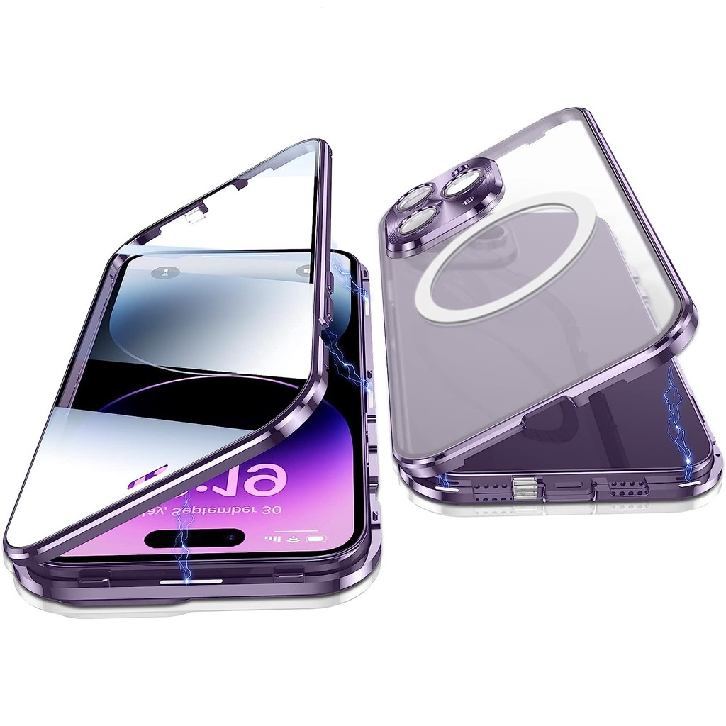 เคสโทรศัพท์มือถือ PC กระจกนิรภัย แม่เหล็ก ป้องกันสองด้าน 360 องศา สําหรับ iPhone 12 13 14 15 Pro Max 15 Pro Max 6.7 นิ้ว