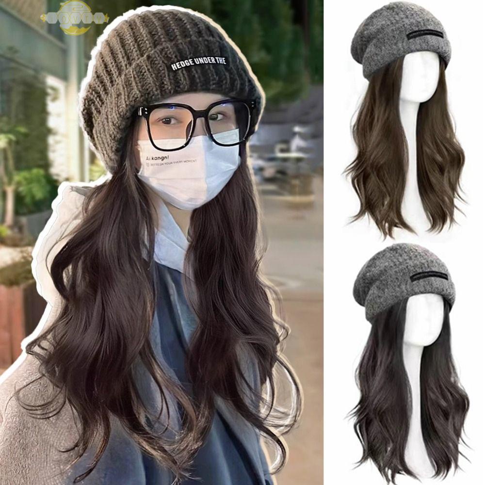 Ivory หมวกบีนนี่ พร้อมวิกผม ไร้รอยต่อ สไตล์เกาหลี ฤดูใบไม้ร่วง ฤดูหนาว หมวกถัก วิกผม ต่อผม อบอุ่น ไร้รอยต่อ ธรรมชาติ หมวกหยักยาว วิกผมผู้หญิง