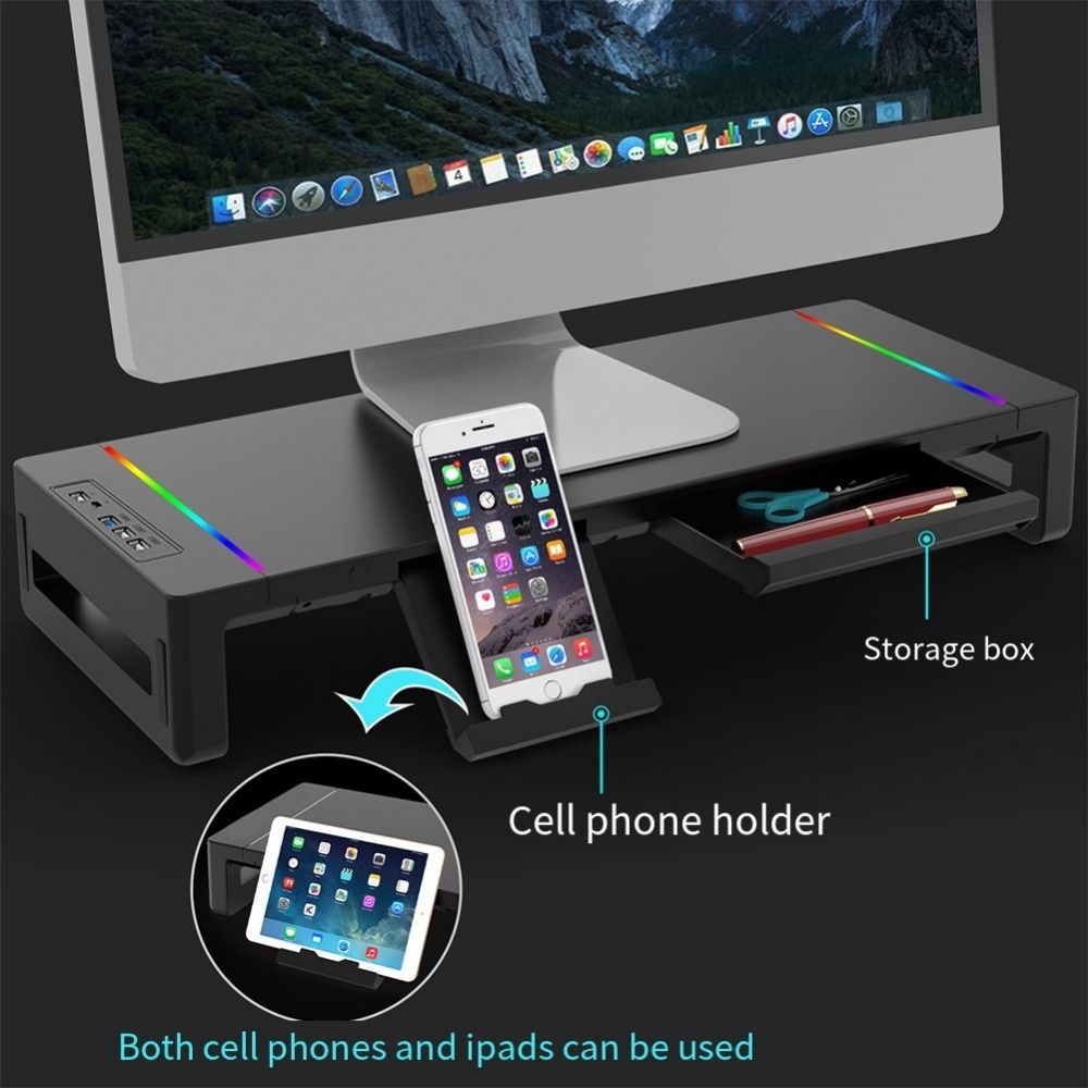 Echoglide Monitor Stand Riser พร้อม USB, พร้อมลิ้นชักเก็บขาตั้งคอมพิวเตอร์พับได้, ไฟ RGB ที่วางโทรศัพท์ USB 3.0 & 2.0 Hub คีย์บอร์ดเมาส์ชั้นเก็บสํานักงาน