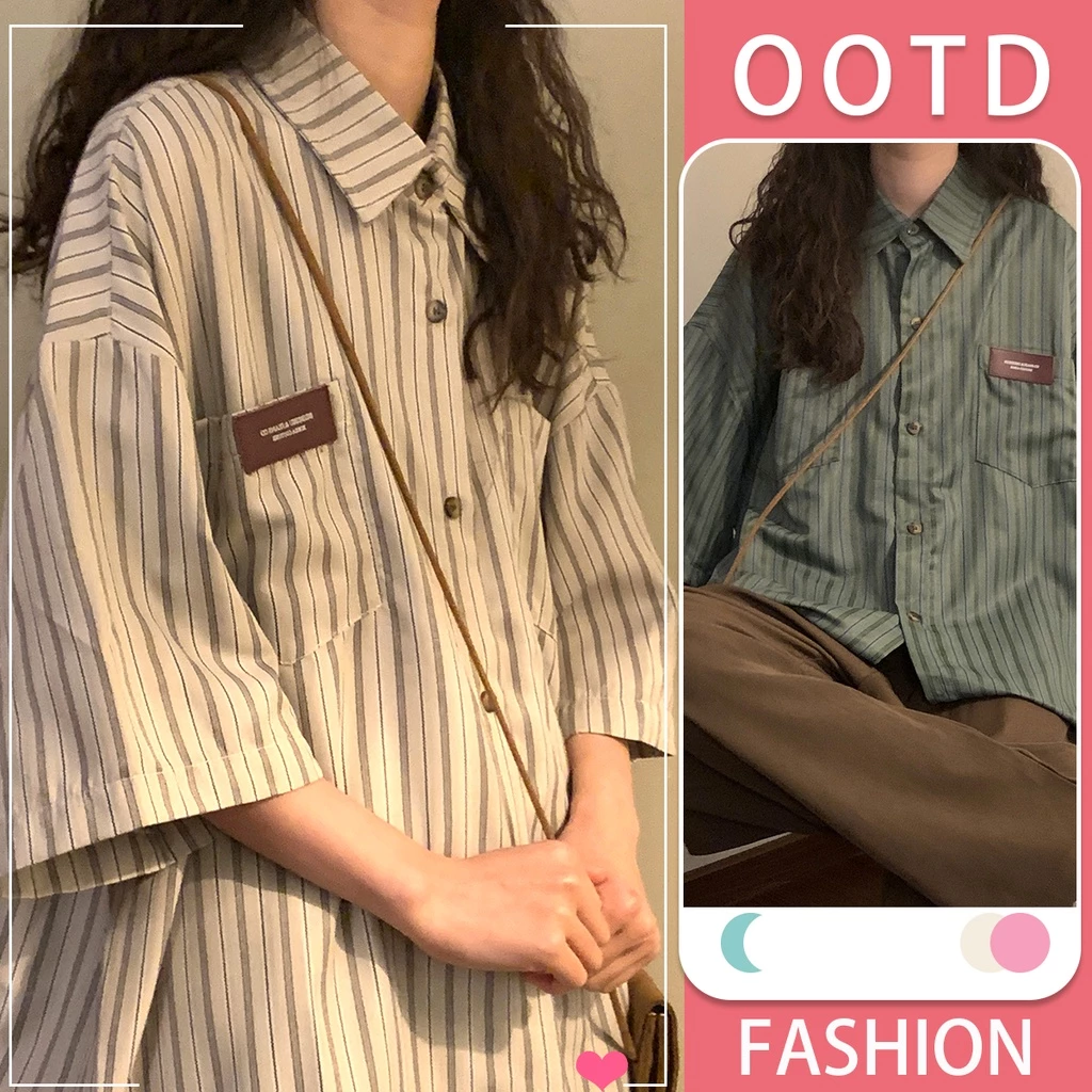 mimi&didi.เสื้อเชิ้ตเบลาส์ลําลองลายทางผู้หญิง แขนสั้น แฟชั่นทรงหลวมความยาวปานกลาง สไตล์เรโทร เหมาะกับฤดูร้อน#W300