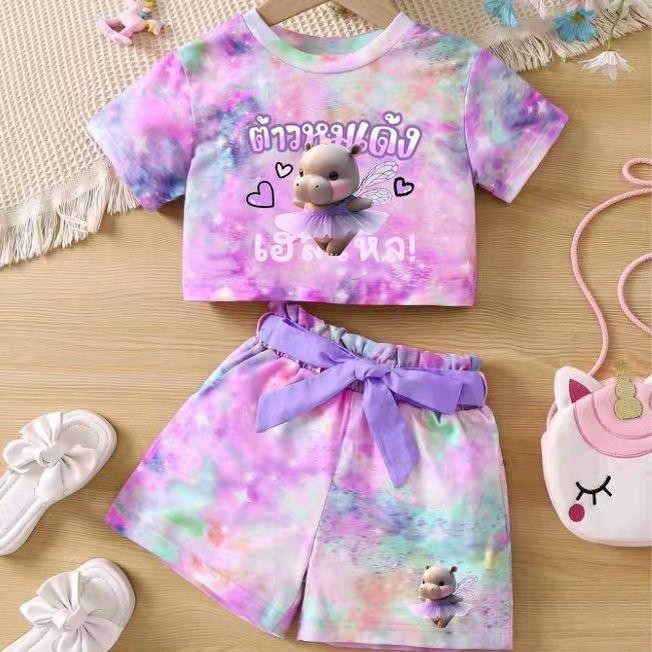 KINGชุดเซ็ทเด็กลายหมูเด้งน่ารัก เสื้อแขนสั้น+กางเกงผูกโบว์ รุ่น4458