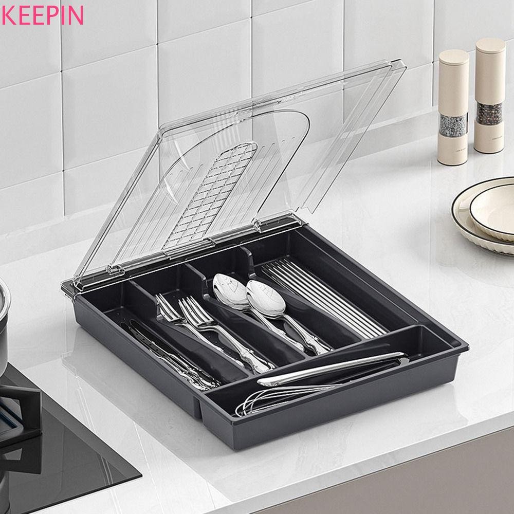 Keepin 5 ช่อง Flatware Organizer,พลาสติกโปร่งใสฝาปิดเครื่องเงินลิ้นชัก,เรียบง่ายกันฝุ่นขนาดใหญ่ความจุช้อนส้อมแยกถาดห้องครัว