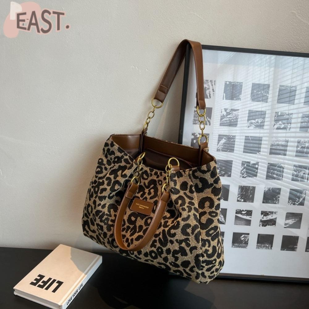 Easts Tote Bag กระเป๋าสะพายผ้าแคนวาสลายเสือดาว กระเป๋าใต้วงแขนความจุขนาดใหญ่แบบลําลอง ผู้หญิง