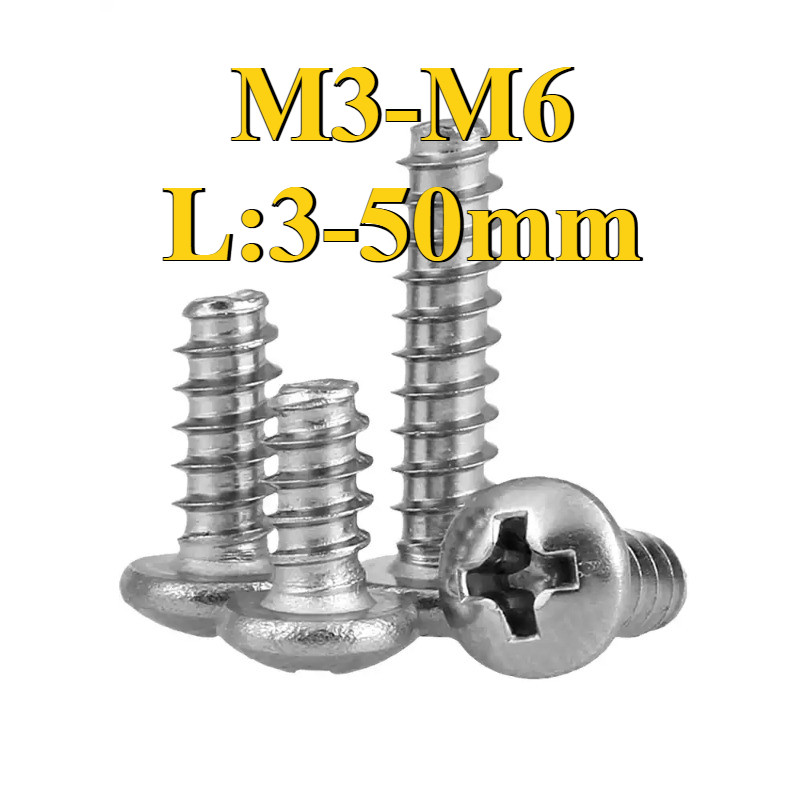 สกรูเกลียวปล่อยหัวกลมแบน 304 (PB) M3/M3.5/M4/M5/M6 * L3-50mm [FKY-DM] (Y6) (x6)