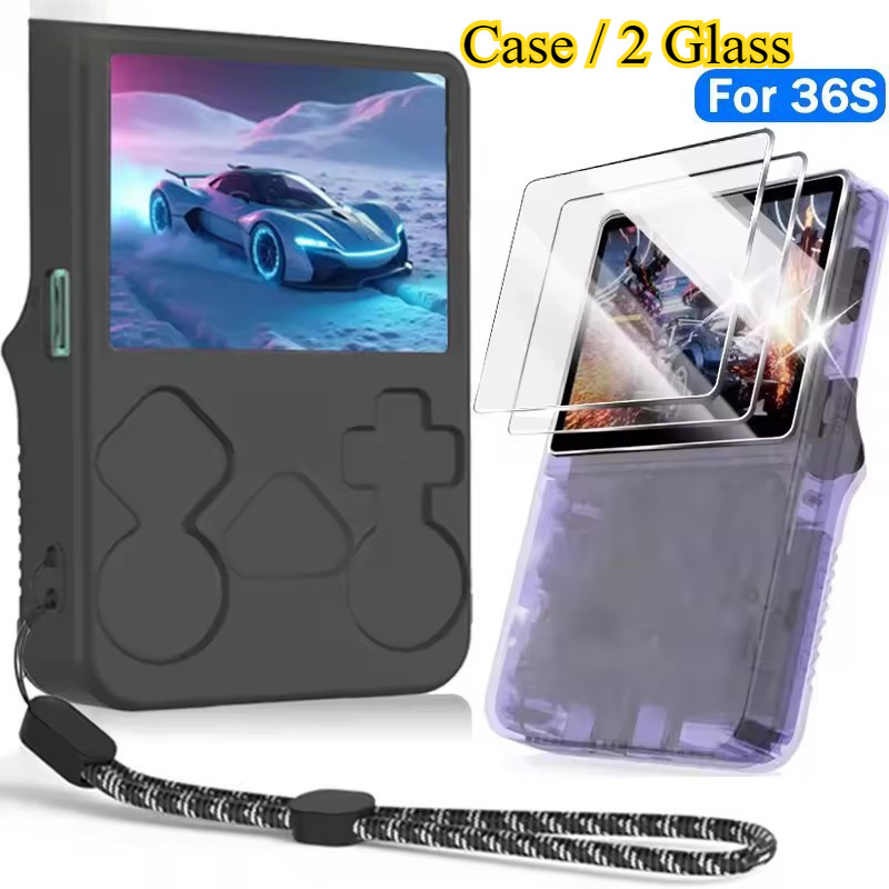 Case+glass for R36S Game Console - Anti-Scratch, Anti-Slip, Shock-Proof - Soft Silicone Anti-Scratch Case - ฟิล์มกระจกนิรภัย - พร้อมเชือกเส้นเล็กและตัวป้องกันหน้าจอ