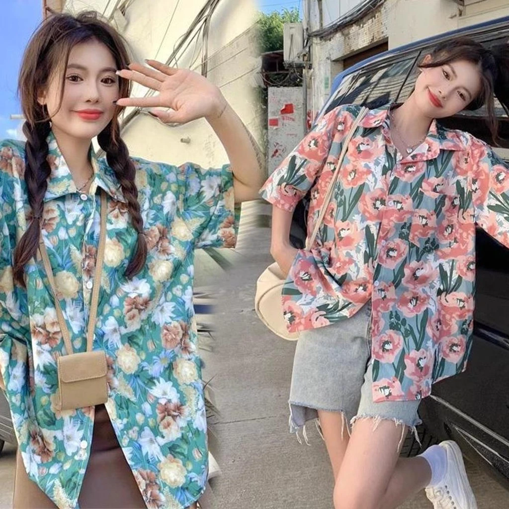 mimi&didi เสื้อเชิ้ตลายดอกกุหลาบฮาวาย แขนสั้น W312