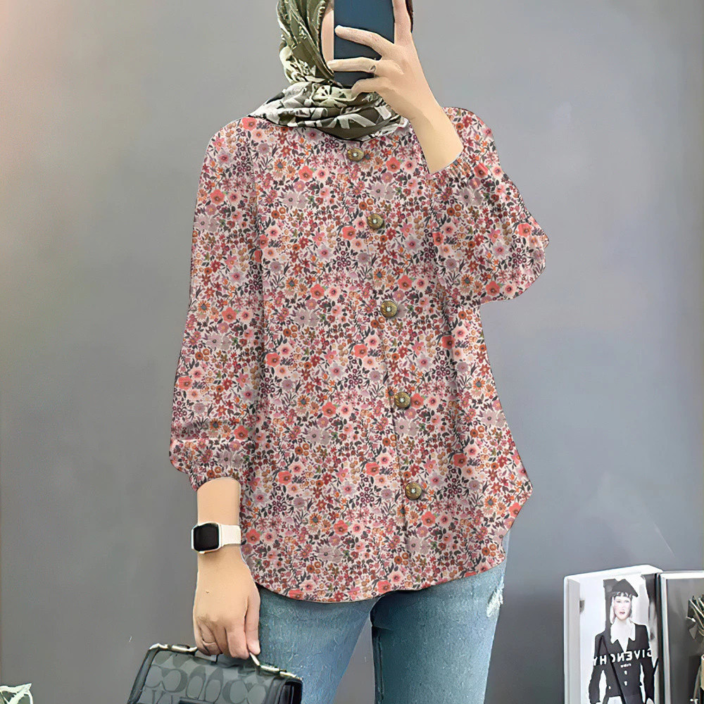 Baju Raya 2025 Vintage ดอกไม้ Muslimah เสื้อ Baju Muslimah เสื้อสไตล์หลวม Muslimah เสื้อแขนยาวสําหรับผู้หญิง