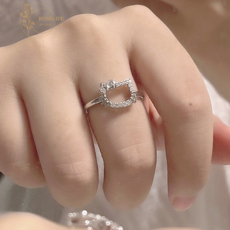 Roselife เกาหลีคริสตัล Hollow Kitty แมวแหวนผู้หญิงสวมใส่ทุกวันลูกแมว KT แหวนนิ้วมือเครื่องประดับ