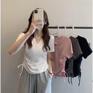 พร้อมส่งจากไทย Fashion T-shirts เสื้อยืดคอวีแขนสั้นผู้หญิง ผูกเชือกด้านข้าง CJ-01