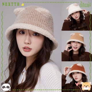 Nextth หมวกบักเก็ต ผ้ากํามะหยี่ขนนิ่ม แบบหนา ป้องกันหู ให้ความอบอุ่น ลายหูหมีน่ารัก แฟชั่นชาวประมง สําหรับผู้หญิง