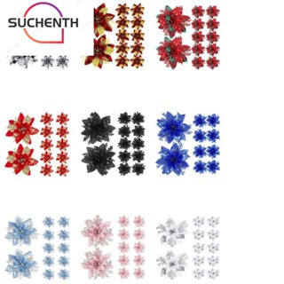 Suchenth ดอกคริสต์มาส พลาสติก โพลีเอสเตอร์ ผ้านอนวูฟเวน เกล็ดหิมะ สีชมพู ฟ้า ทอง เงิน สําหรับตกแต่งต้นคริสต์มาส 8 ชิ้น