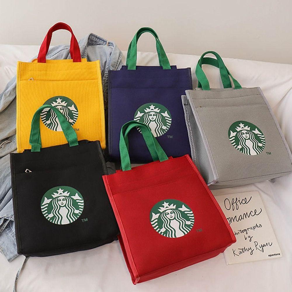 เจรีมี1 กระเป๋าผ้าใบสตาร์บัคส์,พิมพ์กาแฟกระเป๋าผ้าใบกระเป๋าถือ,กระเป๋ามัมมี่ลําลองสไตล์เกาหลีถุงอาหารกลางวันถังกระเป๋าเดินทา