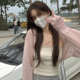 เสื้อคาร์ดิแกนแขนยาว ผ้าคลุมไหล่ ผ้าถัก แบบบาง ป้องกันแดด สีขาว แฟชั่นฤดูใบไม้ผลิ และฤดูร้อน สําหรับผู้หญิง 17 เมตร 6