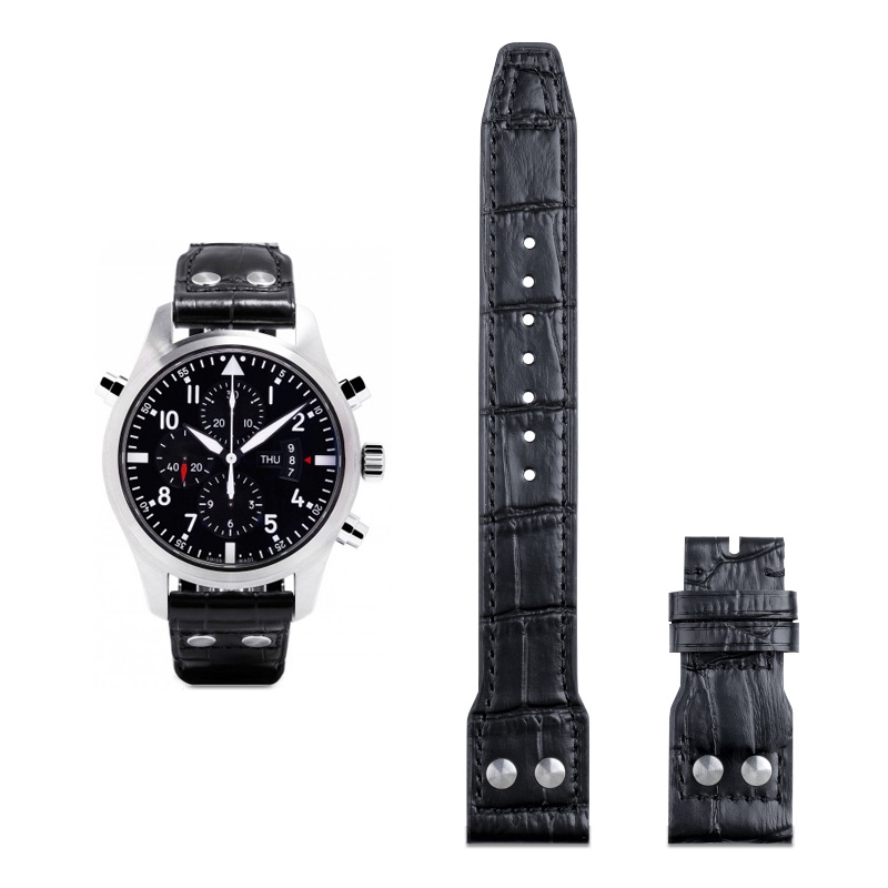 21/22 มม.สีดําอิตาลีหนังไม้ไผ่นุ่มพร้อมสายนาฬิกาหมุดย้ําสําหรับสาย IWC สําหรับ PILOT PORTUGIESER เข็