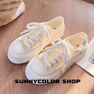 SUNNYCOLOR รองเท้าผ้าใบผู้หญิง สีขาว พื้นหนา รองเท้าผ้าใบส้นสูงส้นหนา รองเท้าแฟชั่น ผูกเชือก 2023 NEW FYD2390H97 36Z230909