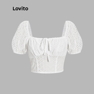 Lovito เสื้อเบลาส์ แขนพัฟ ปักลายตาไก่ สไตล์โบโฮ สําหรับผู้หญิง L54ED014 (สีขาว)