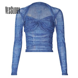 Vesglory เสื้อครอปท็อปแขนยาว คอยู เข้ารูป สีพื้น แฟชั่นสําหรับผู้หญิง 2023