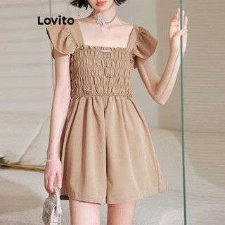 Lovito ชุดรอมเปอร์ลําลอง แต่งจับจีบ ลายผักกาดหอม สําหรับผู้หญิง L61AD092 (สีกากี)