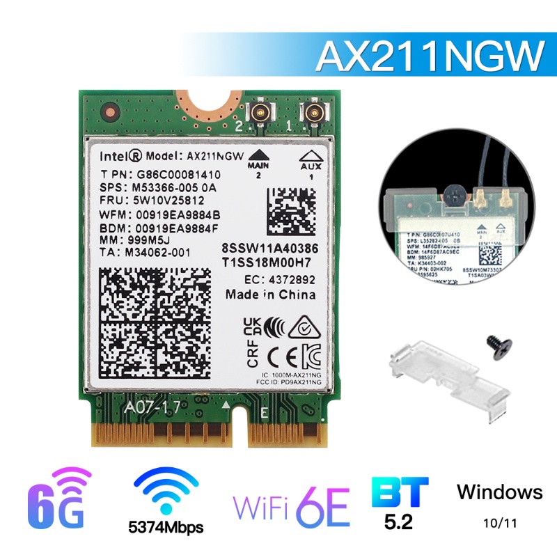 อะแดปเตอร์การ์ดเครือข่าย WiFi 6 ใบ AX211NGW AX201 2.4G/5Ghz บลูทูธ 5.2 Intel AX211 M.2 KeyE CNVio Wi