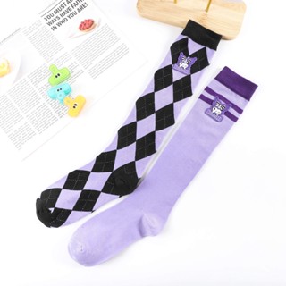 Sanrio Kuromi ถุงน่องผ้าฝ้ายแท้ ลายทาง ประดับเพชร สีม่วง สําหรับเด็กผู้หญิง (4.85)