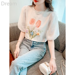 Lantern sleeve white tulip T-shirt womens summer design sense niche shoulder short sleeve Western style age-reducing top