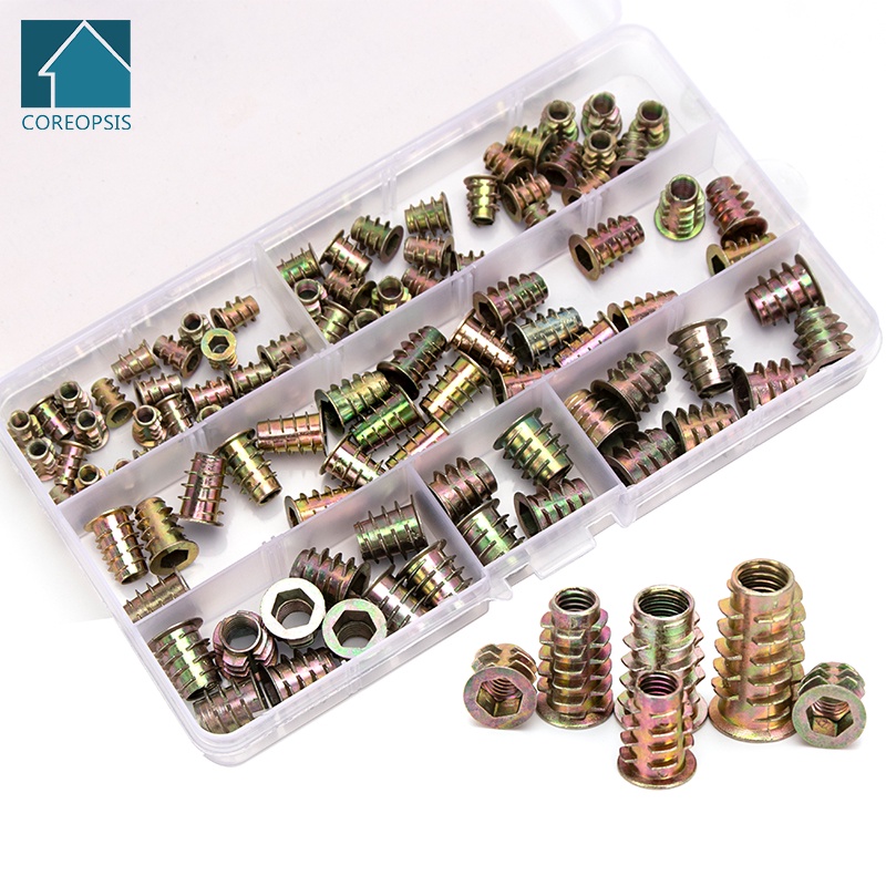 100 ชิ้น/กล่องสังกะสี-โลหะผสม Hex ไดรฟ์หัว Nut ชุด M4 M5 M6 M8 M10 ไม้เฟอร์นิเจอร์สังกะสีชุบถั่ว Ass