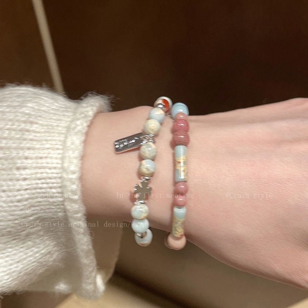 สร้อยข้อมือ ประดับลูกปัดหินเซรามิค ไข่มุก รูปหัวใจ และดาว หลากสี สไตล์เกาหลี สําหรับผู้หญิง
