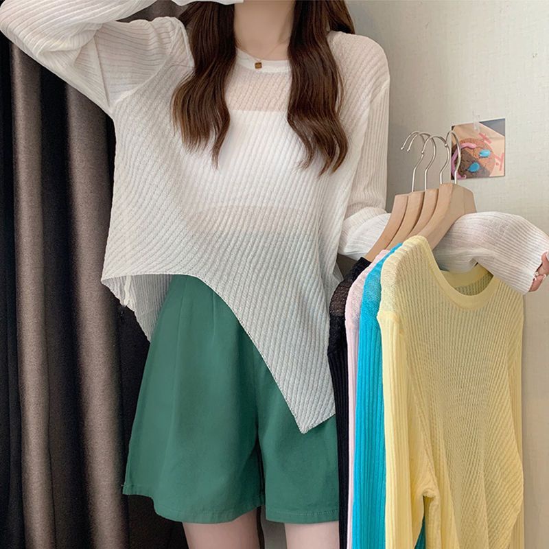 🍓olivia🍓 เสื้อไหมพรมซีทรู แขนยาว ปลายเฉียง  พร้อมส่ง สไตล์เกาหลี #J18