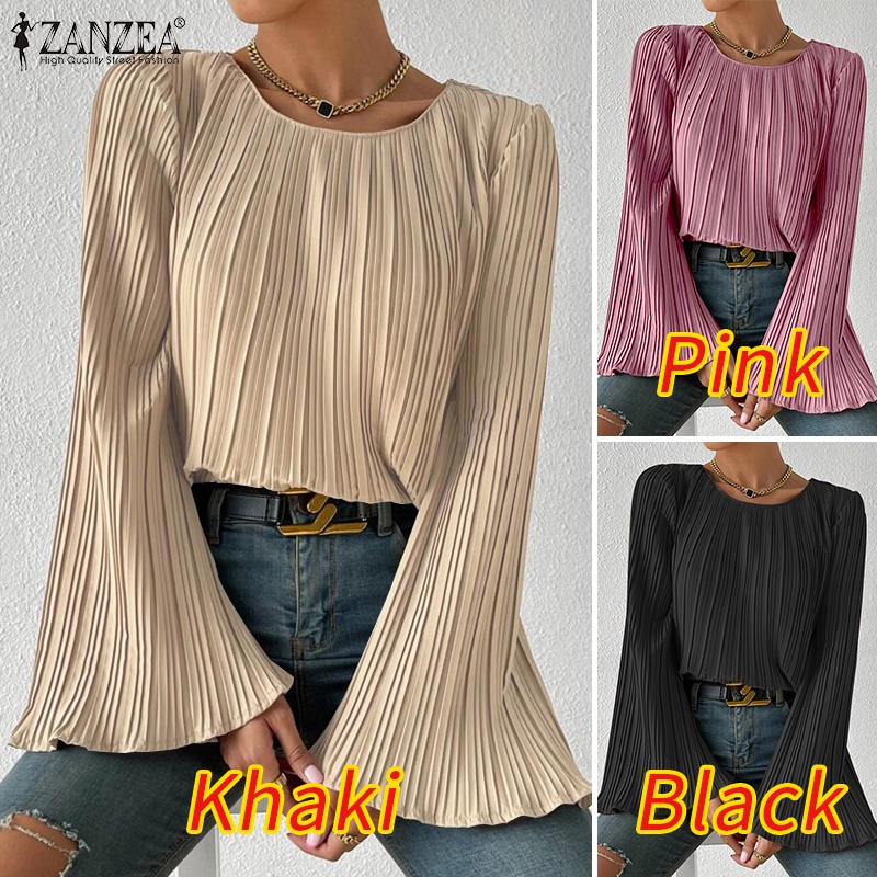 Zanzea เสื้อเบลาส์ลําลอง แขนยาว คอกลม สไตล์ยุโรป สําหรับผู้หญิง - รูปที่ 2