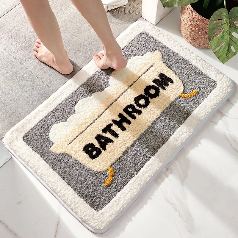 Simple Flocked Embroidery Bathroom Mat Thicken Super Absorbent Water Bathtub Side Rug Quick-drying A
