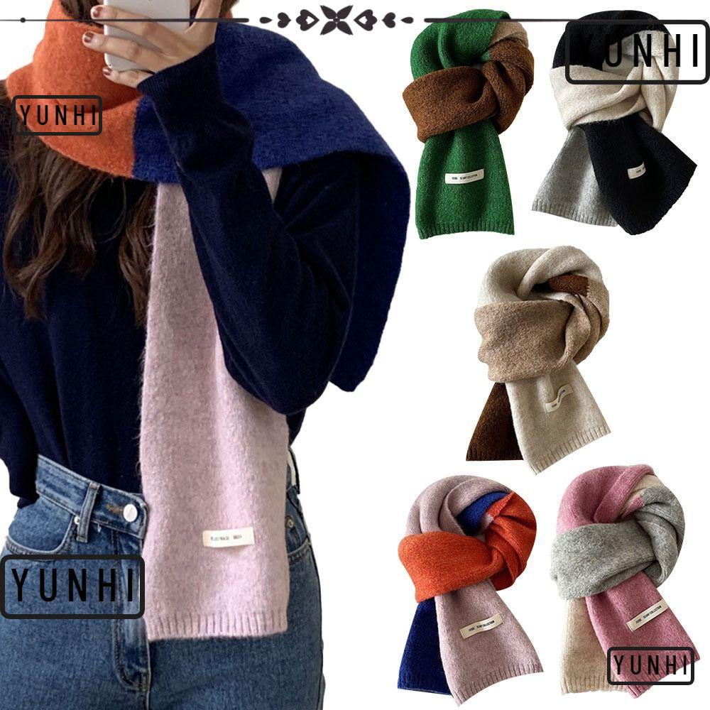 Yunhi ผ้าพันคอ ผ้ากันเปื้อน แบบหนา ให้ความอบอุ่น ขนาดใหญ่ สีตัดกัน แฟชั่นฤดูใบไม้ร่วง และฤดูหนาว สําหรับผู้หญิง