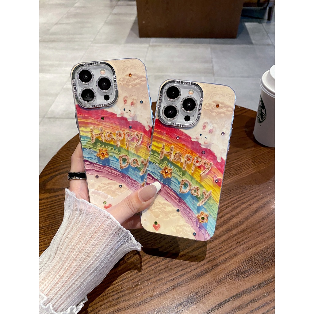 Rainbow Rabbit Shiny เจาะกล้องป้องกันฟิล์ม TPU สําหรับ Apple IPhone 16 15 14 13 12 11 Pro Max 14Plus 15Plus 16Plus เคสกันกระแทก