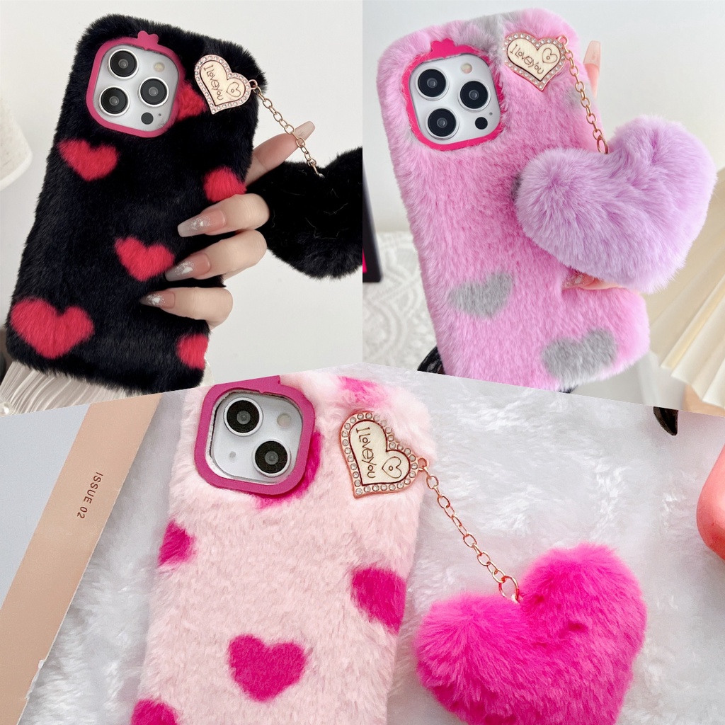 เคสโทรศัพท์มือถือ ประดับขนปุย จี้โลหะ รูปหัวใจน่ารัก หรูหรา สําหรับ iPhone 15 14 13 12 11 Pro Max Plus