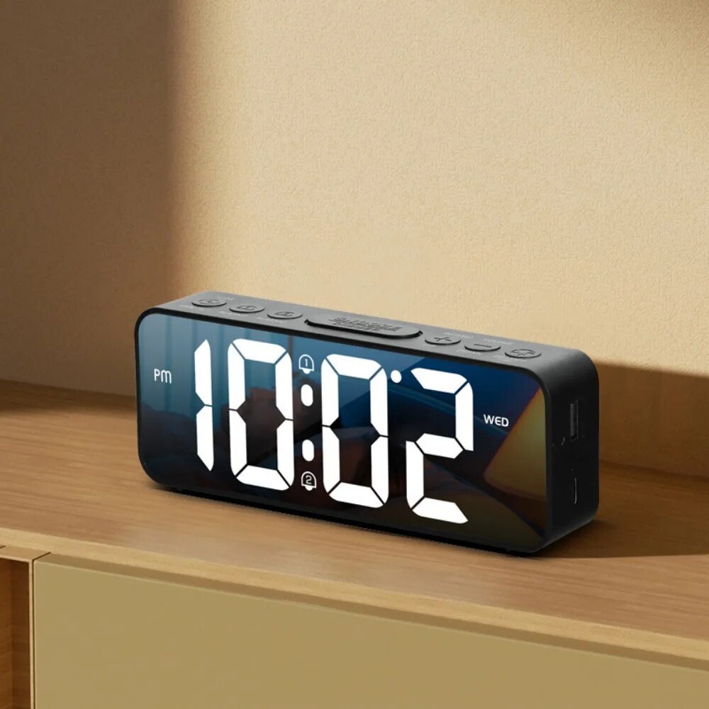 LED Alarm Clock Mirror Digital Clock 12/24H Week Temperature Display Kids Snooze Dual Alarms Night M