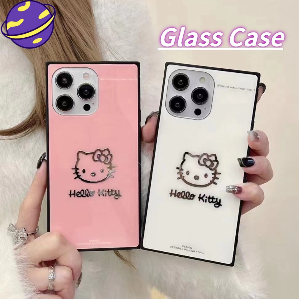 เคสโทรศัพท์มือถือแบบแก้วแข็ง ทรงสี่เหลี่ยม ลายการ์ตูนคิตตี้ เปราะบาง สําหรับ IPhone 15 14 13 12 11 Pro Max 15 14 Plus