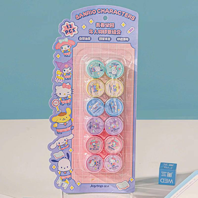 แสตมป์ยาง รูปการ์ตูนอนิเมะ Sanrio Kuromi Cinnamoroll Pochacco Pom Pom Purin น่ารัก สําหรับตกแต่งสมุดภาพ อัลบั้มภาพ DIY 12 ชิ้น ต่อชุด