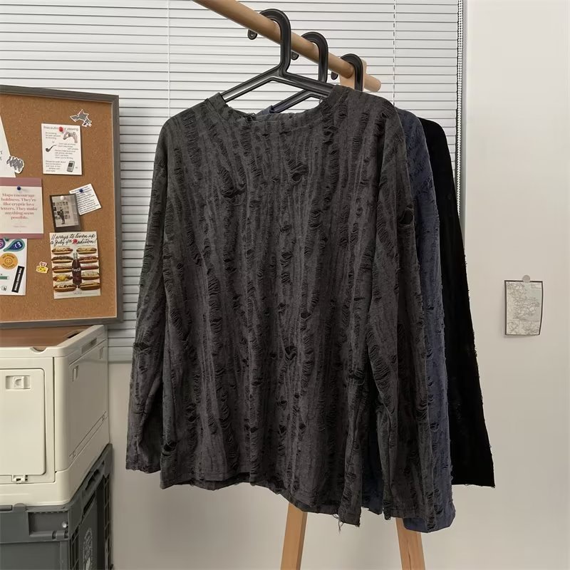 Hollow Hollow Hollow เสื้อยืดแขนยาวผู้ชายฤดูใบไม้ร่วงฤดูหนาวอเมริกัน Retro High-End Top อินเทรนด์สบายๆภายใน Bottoming เสื้อ M-3XL - รูปที่ 5