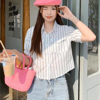 🌻Lune_Grace🌻W264#เสื้อเชิ้ดแขนสั้นลาายทางวินเทจสำหรับผู้หญิง คอปกตัวสั้น