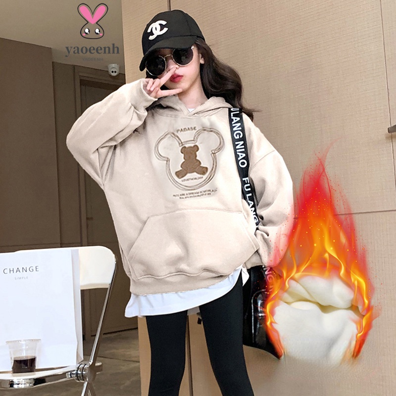 【YAOEENH】เสื้อกันหนาวลําลอง ผ้าฟลีซ มีฮู้ด พิมพ์ลายตัวอักษร และหมี สไตล์ตะวันตก เหมาะกับฤดูใบไม้ร่วง และฤดูหนาว สําหรับเด็กผู้หญิง ไซซ์ 120-170 ซม.