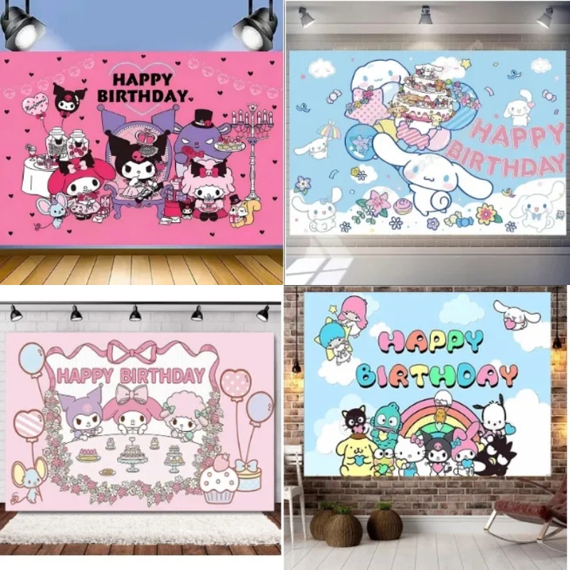 ผ้าพื้นหลัง ลายการ์ตูน Kuromi Cinnamoroll สําหรับตกแต่งปาร์ตี้วันเกิด ห้องนอน