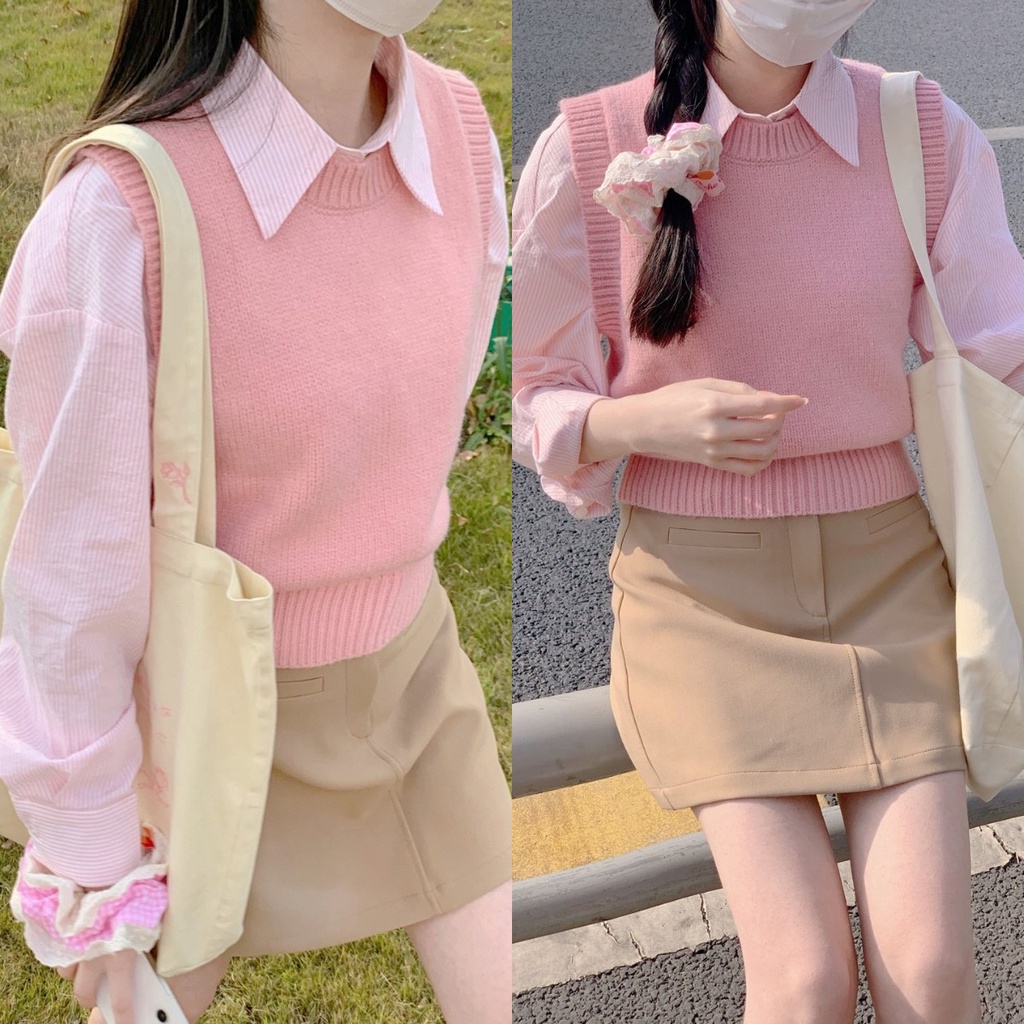 เสื้อกั๊ก ผ้าถัก และเสื้อเชิ้ต อเนกประสงค์ แฟชั่นเกาหลี สําหรับผู้หญิง