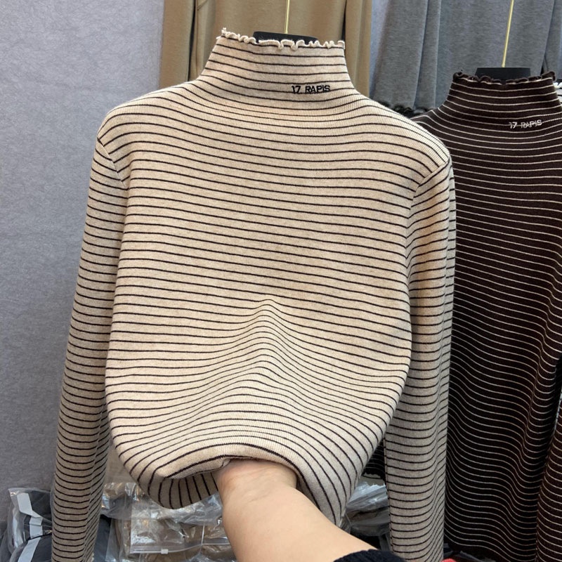 เสื้อแขนยาว คอเต่า ผ้าฟลีซ ลายทาง สไตล์เยอรมัน【6922】