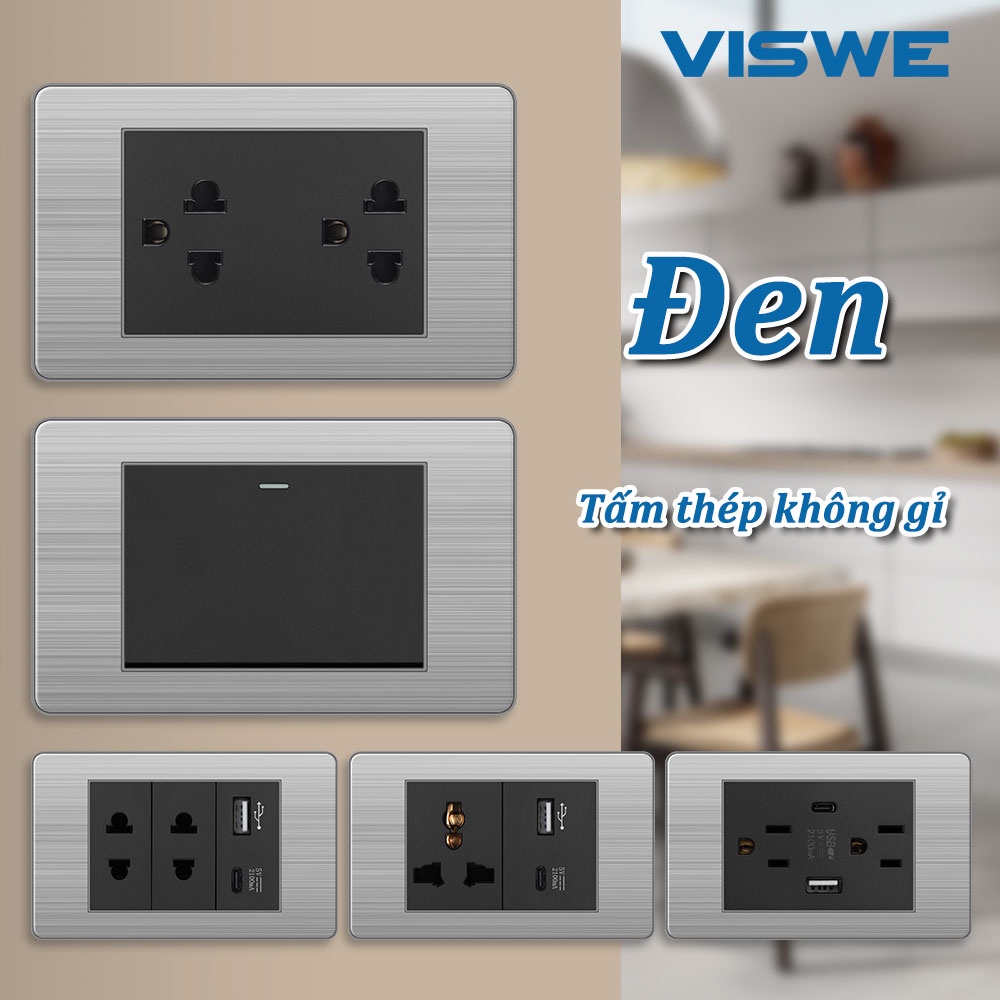 VISWE เต้าปลั๊กไฟ สวิตไฟ ปลั๊กไฟ 2 ขา เต้ารับ usb ชาร์จเร็ว ปลั๊กไฟ 3 ขา black switch,118*72mm แผงสแตนเลส