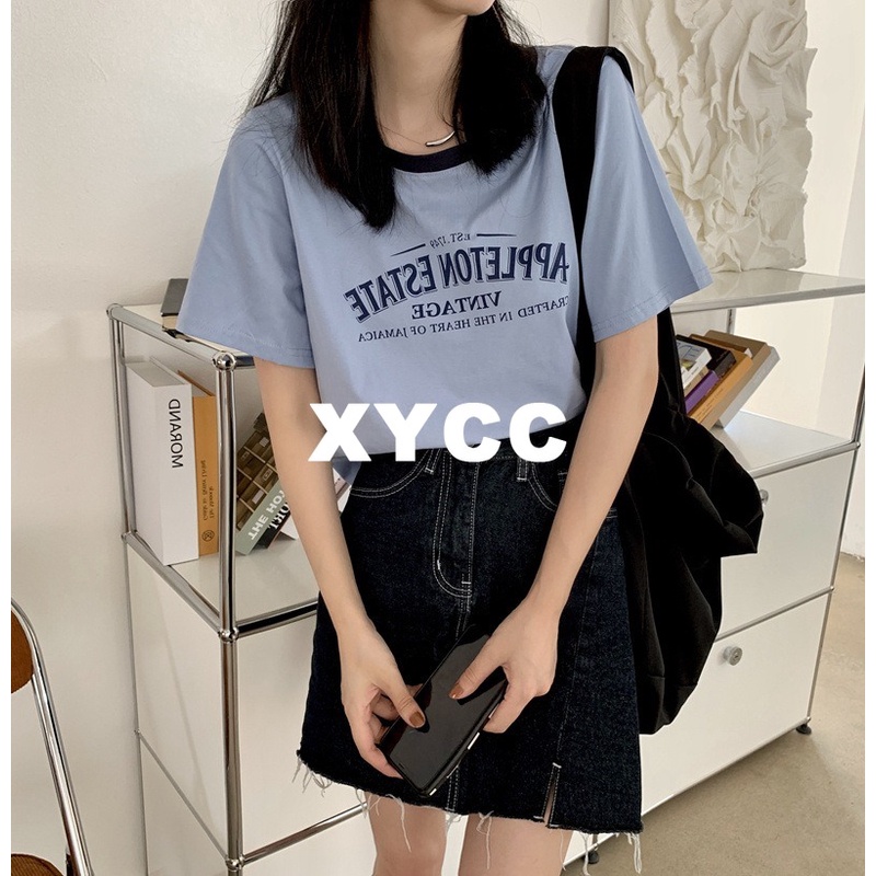 เสื้อยืด คอกลม แขนสั้น พิมพ์ลายตัวอักษร ทรงหลวม สีตัดกัน สไตล์อเมริกัน สําหรับผู้หญิง