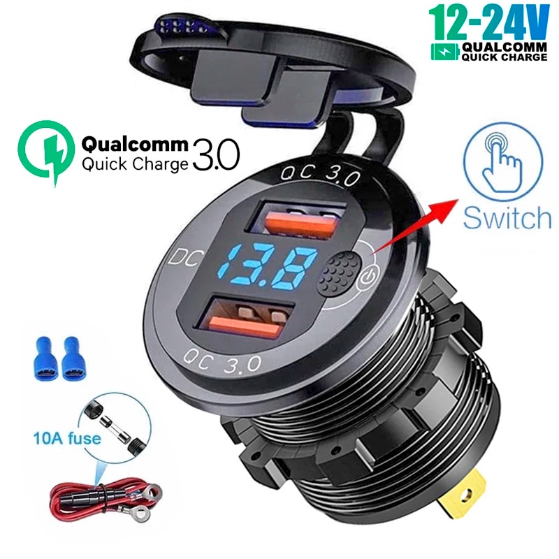 ซ็อกเก็ตชาร์จ USB QC 3.0 36W กันน้ํา พร้อมสวิตช์โวลต์มิเตอร์ สําหรับรถจักรยานยนต์ ATV เรือ รถบรรทุก 12V 24