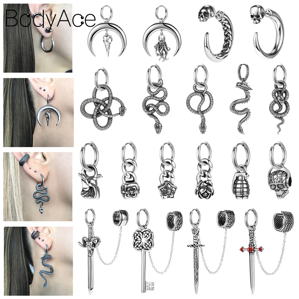 ต่างหูห่วง สเตนเลส จี้กะโหลก สีทอง สไตล์พังก์ โกธิค 1 คู่